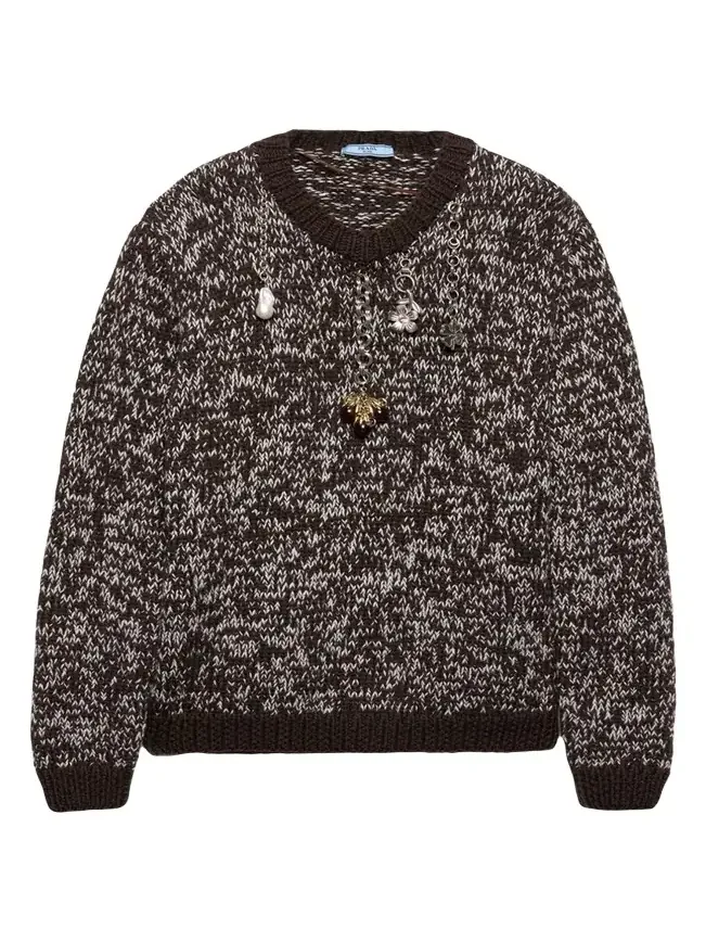 Prada Melange Wool Crewneck Sweater with Pendants