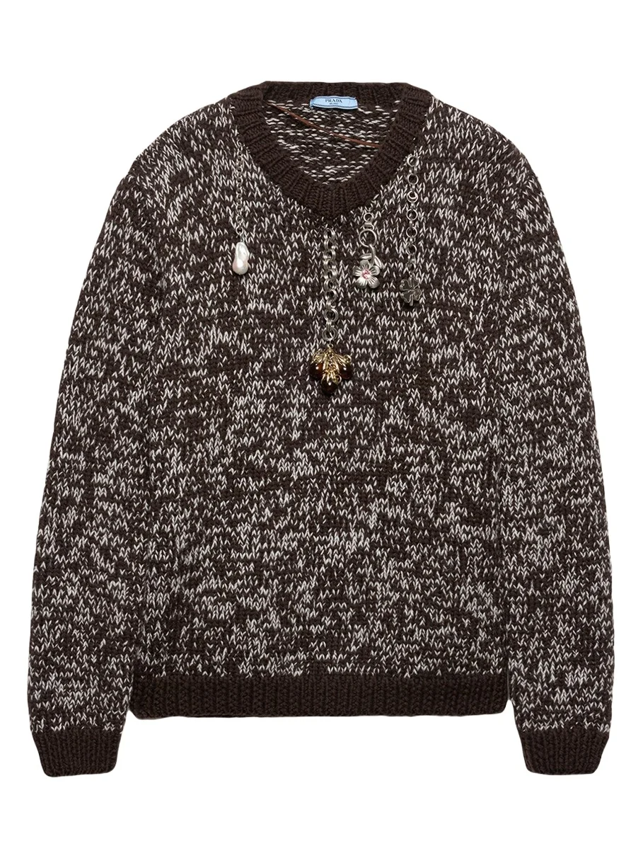 Prada Melange Wool Crewneck Sweater with Pendants