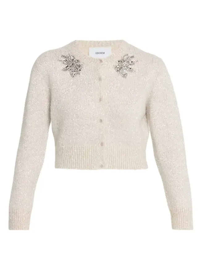 Erdem Crystal Crewneck Paillette Knit Crop Cardigan