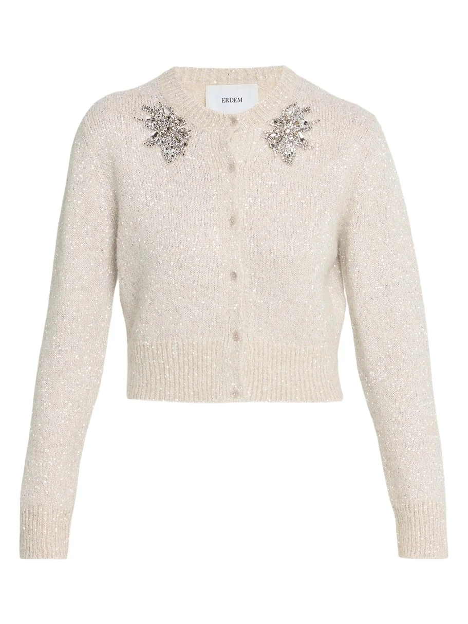 Erdem Crystal Crewneck Paillette Knit Crop Cardigan