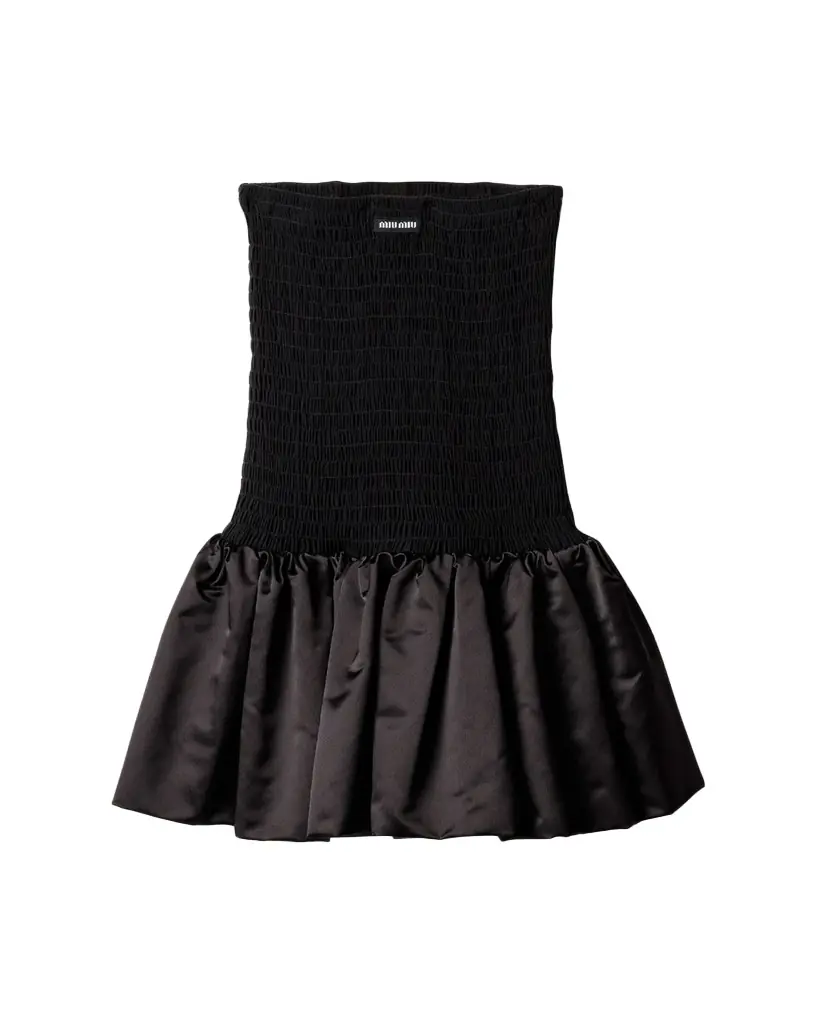 Miu Miu Strapless Smocked Silk Ruffle Mini Dress | Image 1 Miu Miu Strapless Smocked Silk Ruffle Mini Dress | Image 1