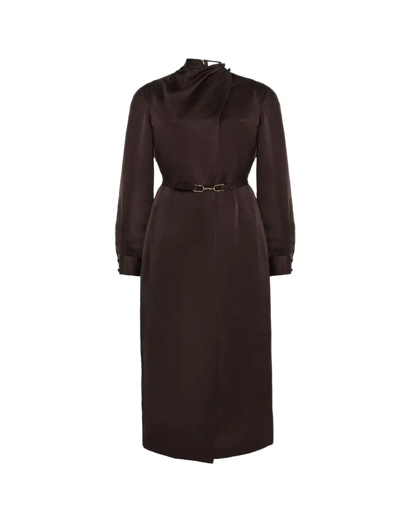 Gabriela Hearst Josef Draped Textured Silk Long-Sleeve Midi Dress With Belt | Image 1 Gabriela Hearst Josef Draped Textured Silk Long-Sleeve Midi Dress With Belt | Image 1
