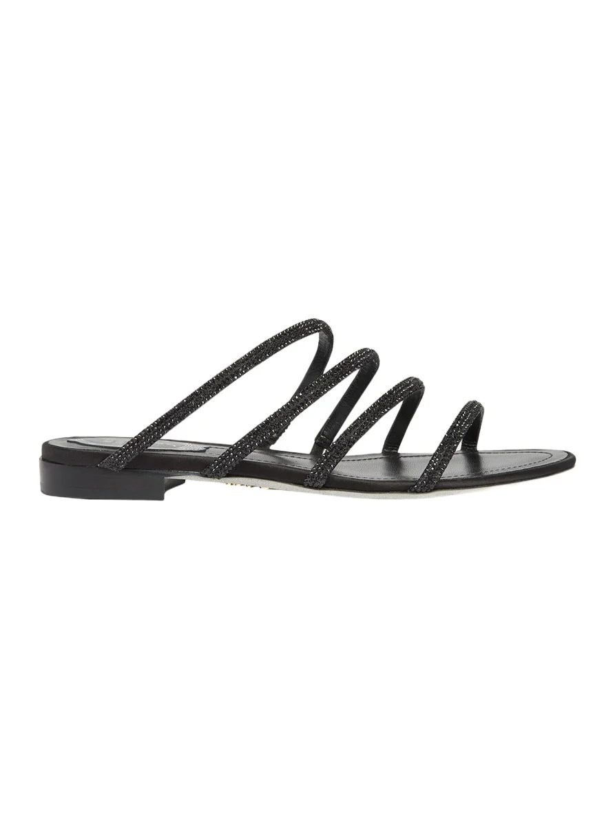 René Caovilla Satin Strass Flat Slide Sandals