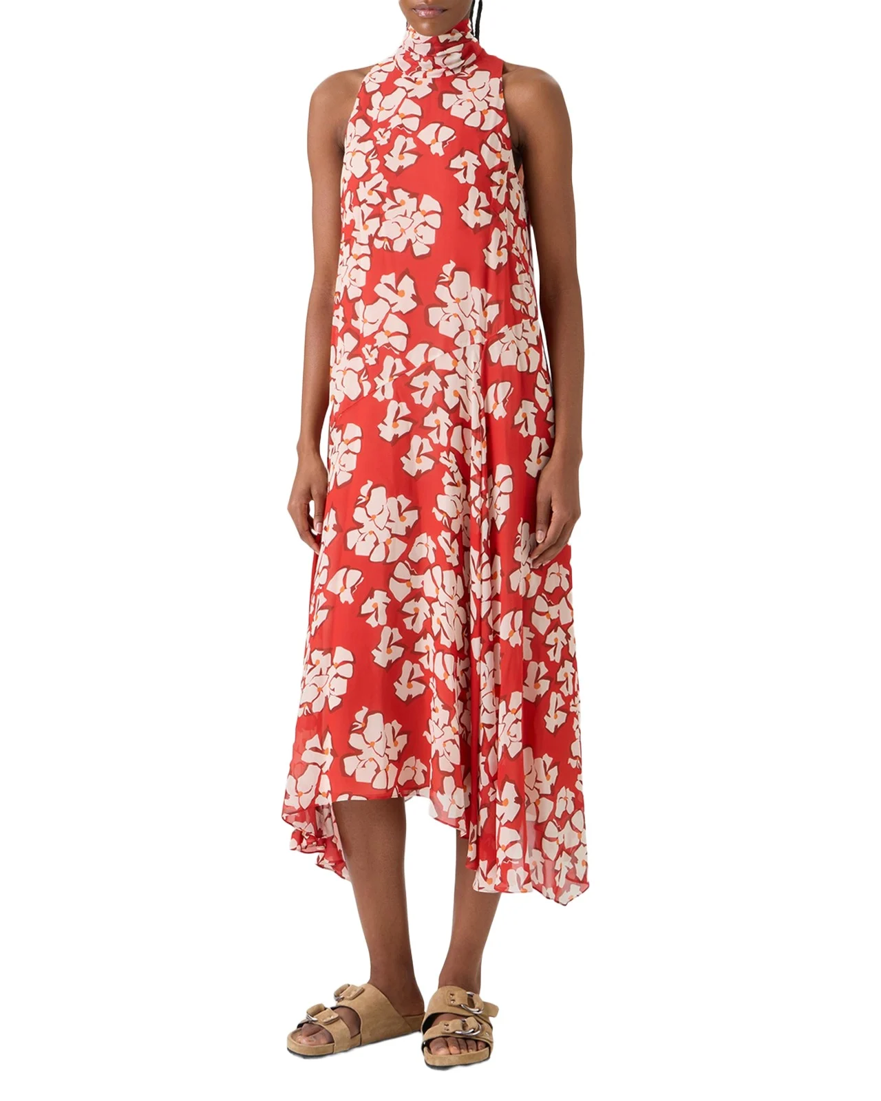 Mock-Neck Papercut Floral Print Viscose Georgette Midi Dress Mock-Neck Papercut Floral Print Viscose Georgette Midi Dress