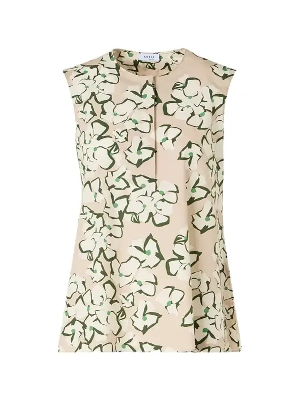Papercut Flower Print Cotton Poplin Sleeveless Tunic Blouse