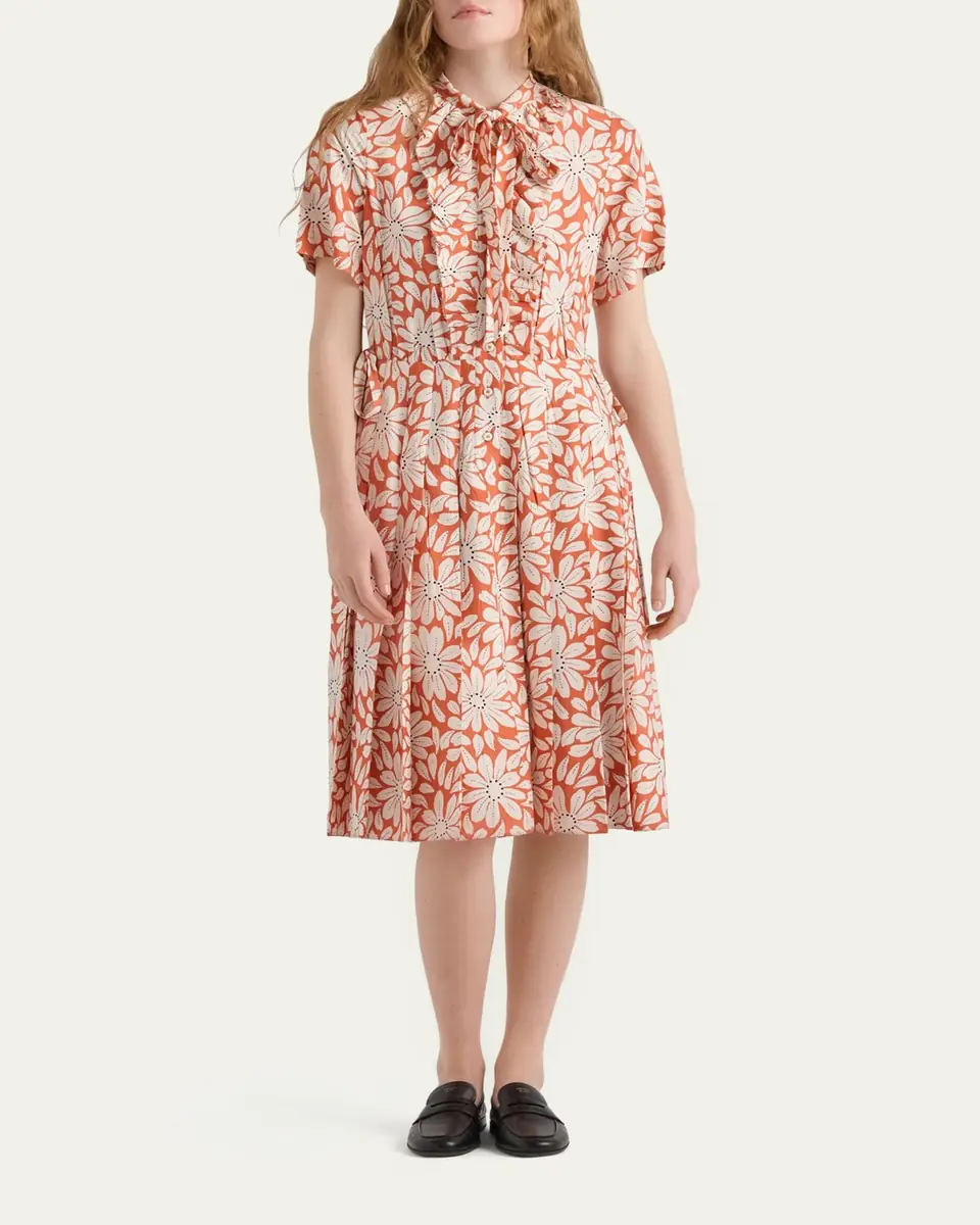 Prada Floral-Print Pleated Pongé Dress | Thumbnail 2