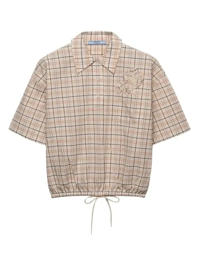 Embroidered Check Cotton Polo Top Embroidered Check Cotton Polo Top