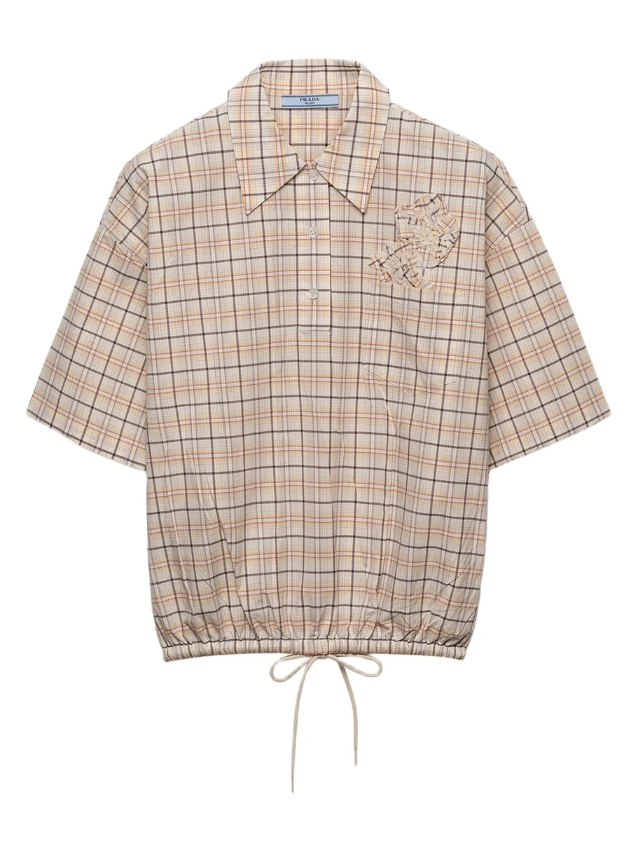 Prada Embroidered Check Cotton Polo Top