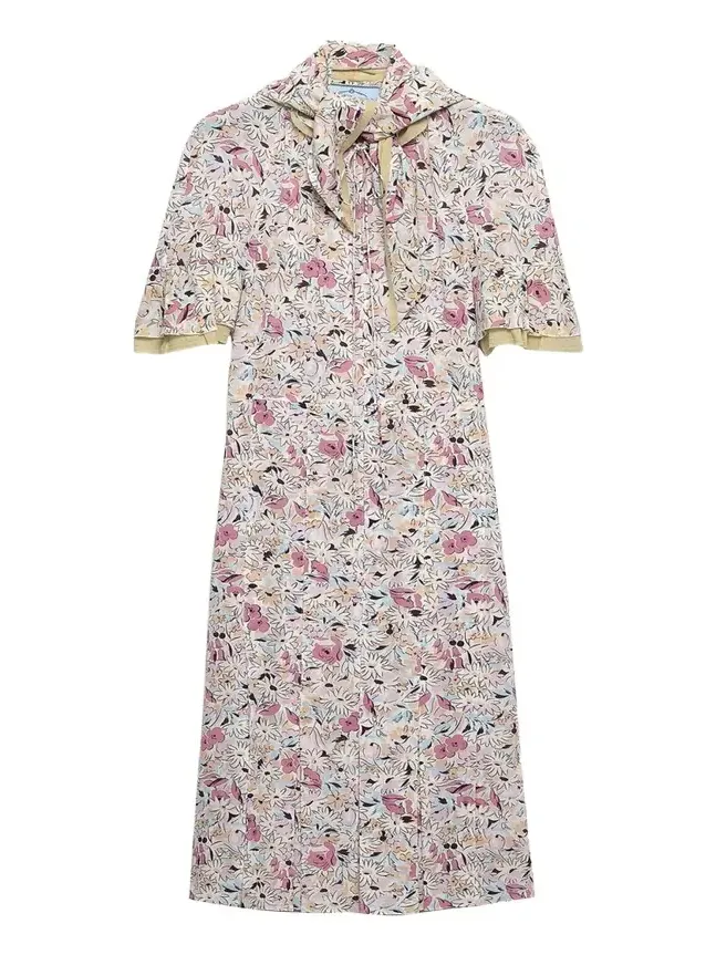 Floral Silk Scarf-Neck Midi Dress Floral Silk Scarf-Neck Midi Dress