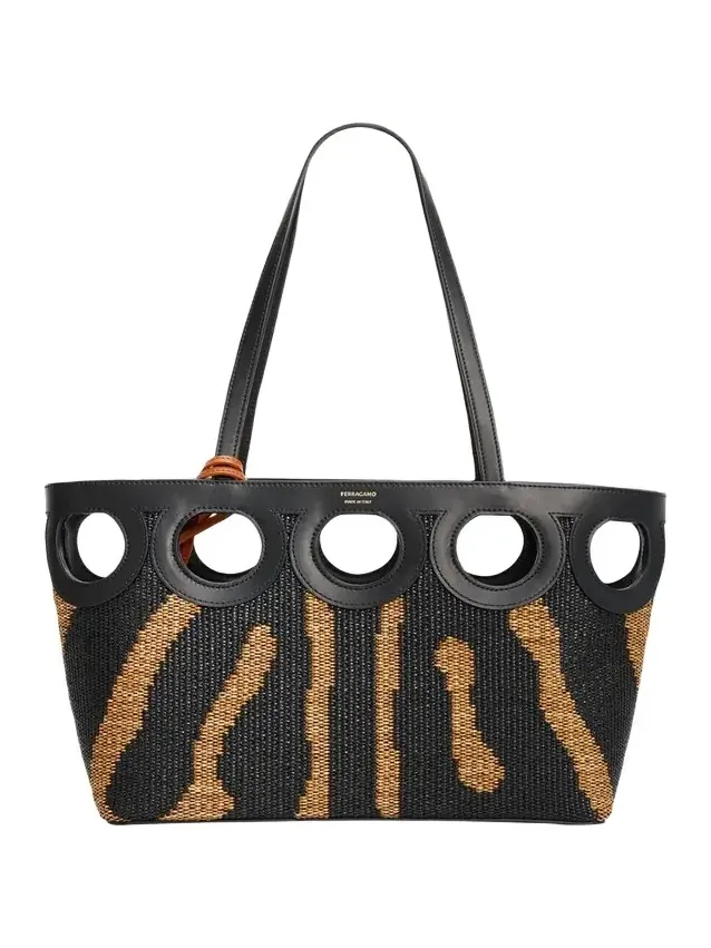 Ferragamo Gancini Outline Tote Bag in Raffia and Leather