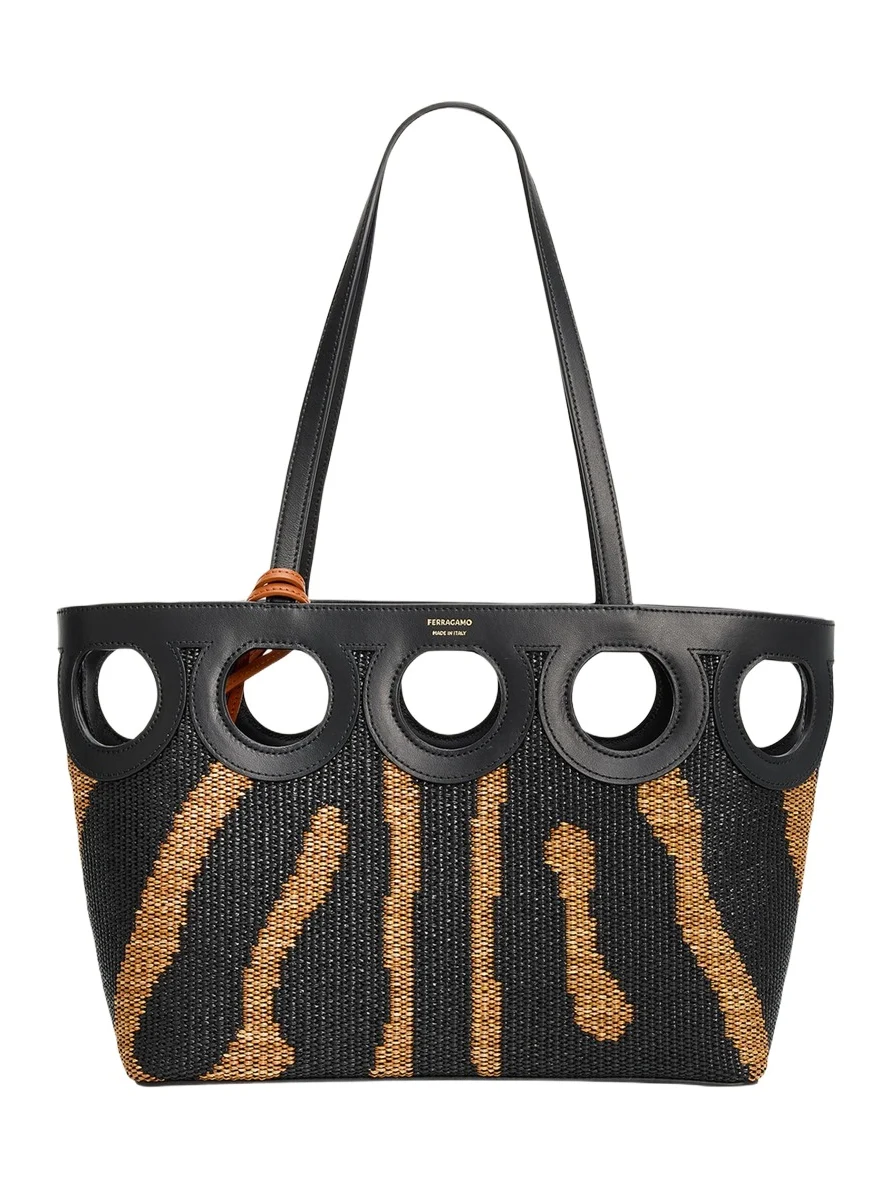 Gancini Outline Tote Bag in Raffia and Leather Gancini Outline Tote Bag in Raffia and Leather