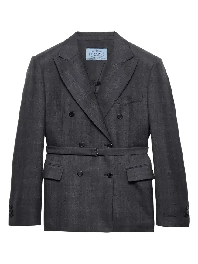 Belted Checked Wool Double-Breasted Jacket