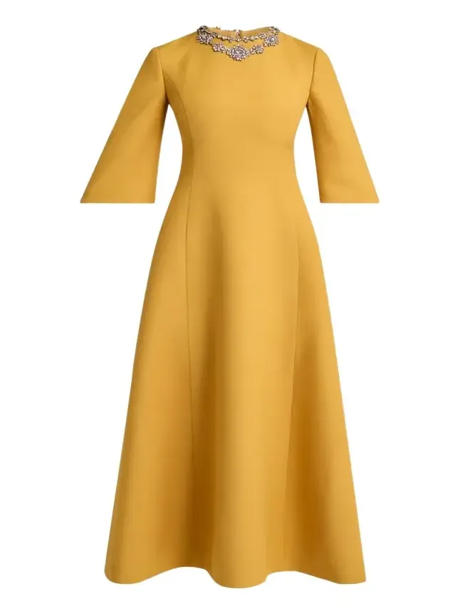 Crystal Embroidered Silk-Wool 3/4-Sleeve Midi Dress Crystal Embroidered Silk-Wool 3/4-Sleeve Midi Dress