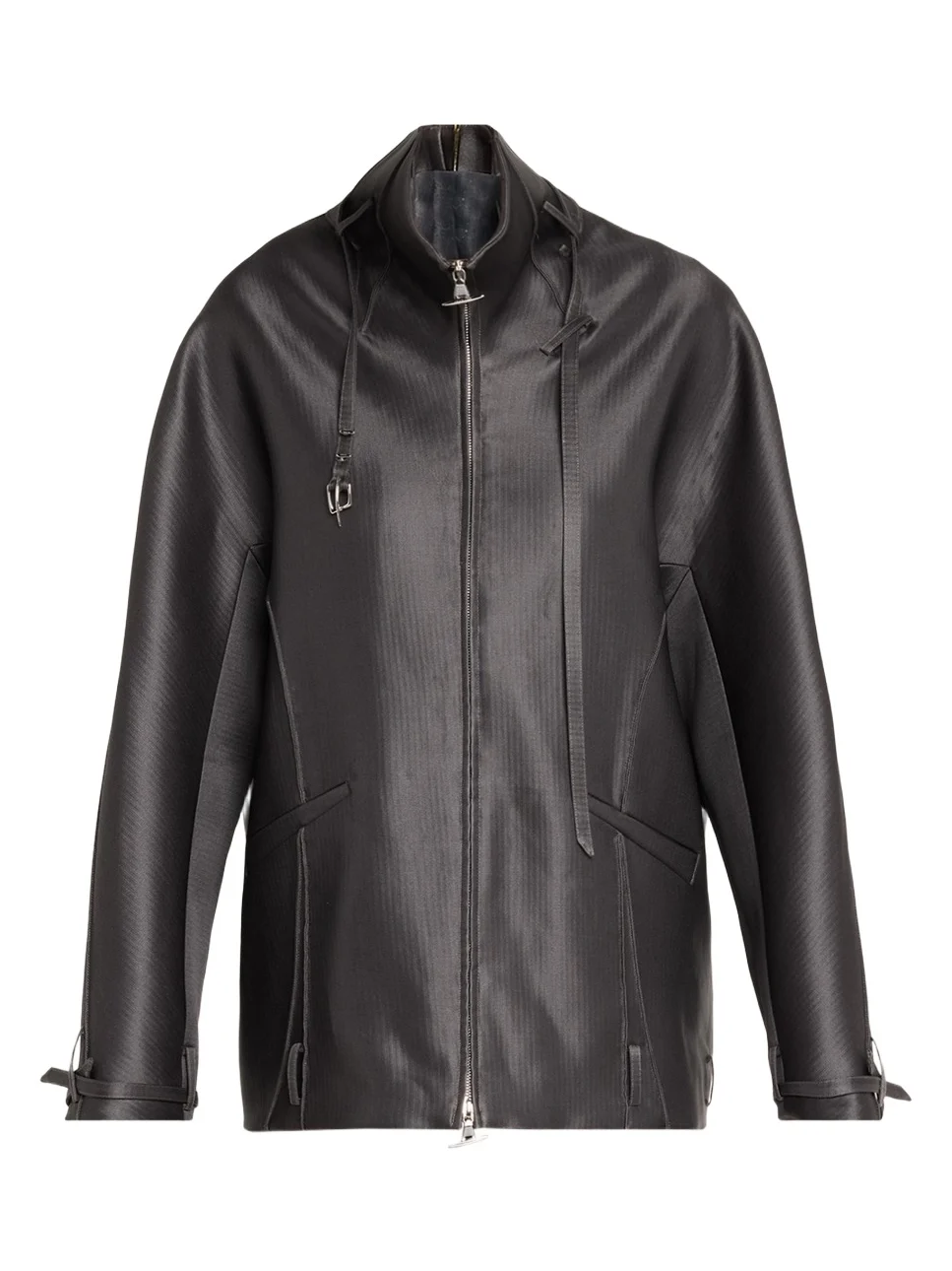 Belted Collar Striped Wool Oversized Jacket