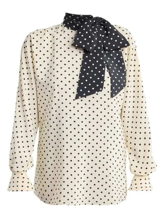 Polkda-Dot Silk Crepe De Chine Neck Scarf Top