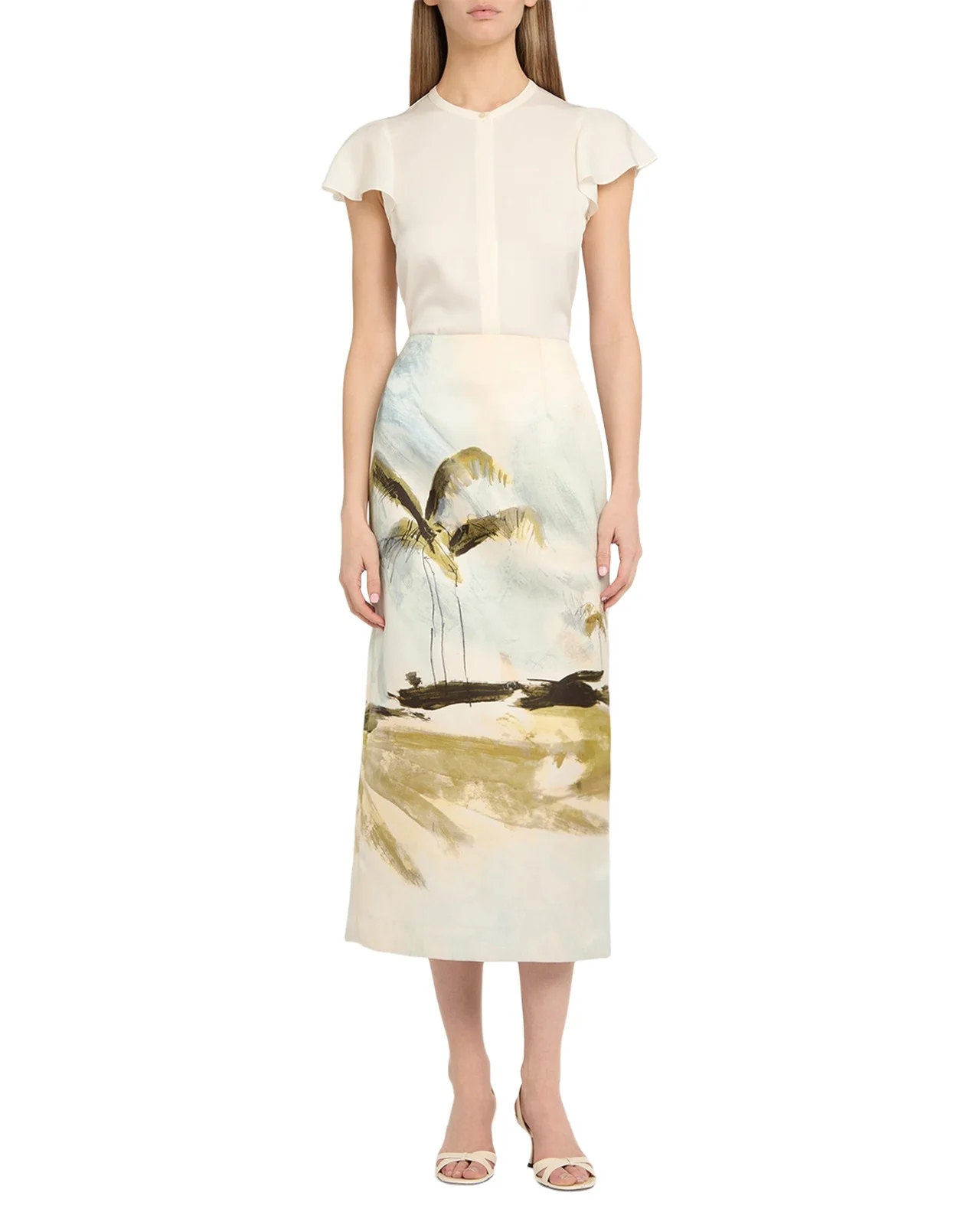 Palm Tree Satin Midi Pencil Skirt