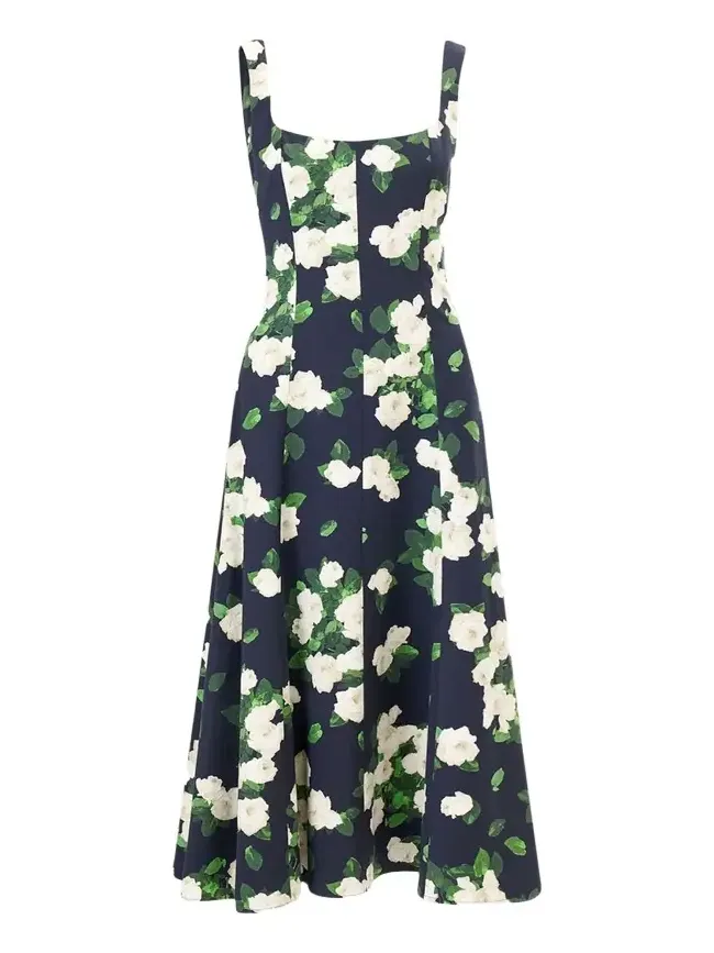 Sleeveless Square-Neck Rose-Print Paneled Midi Dress