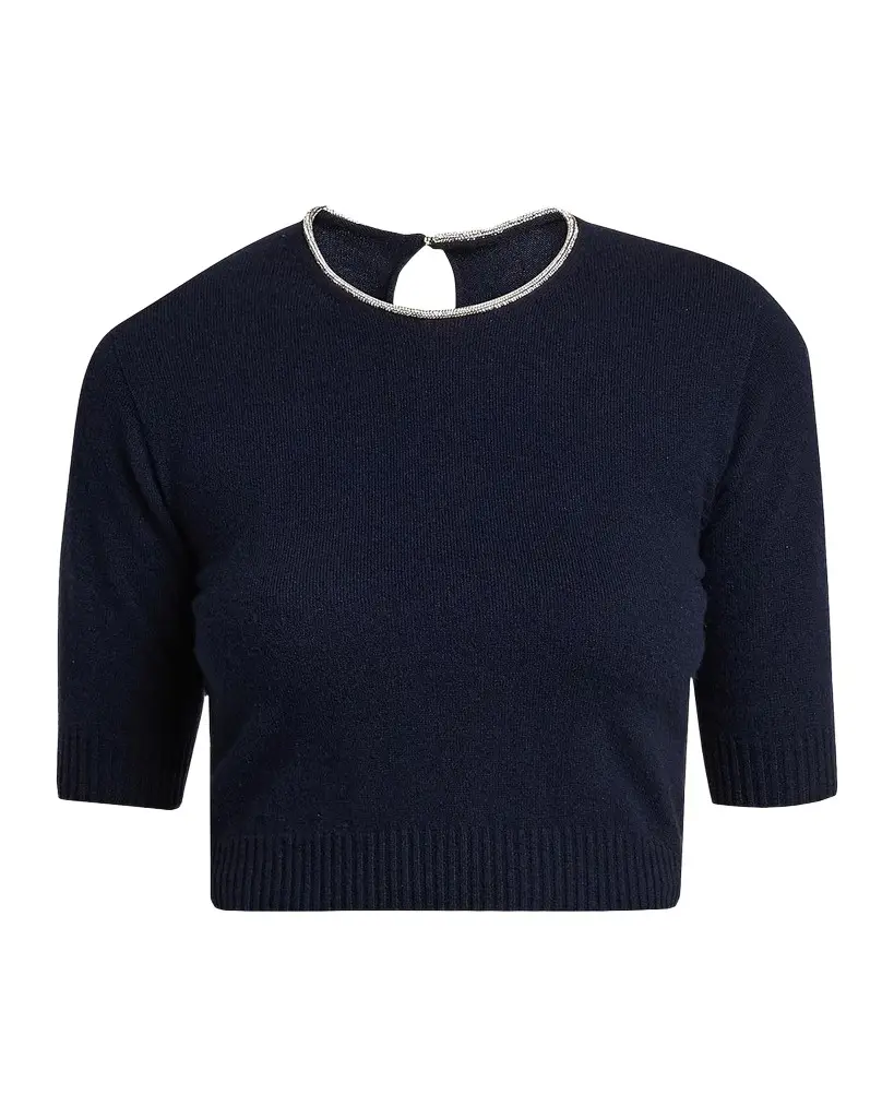 Giorgio Armani Crystal-Collar Cashmere Short-Sleeve Crop Sweater | Image 1 Giorgio Armani Crystal-Collar Cashmere Short-Sleeve Crop Sweater | Image 1