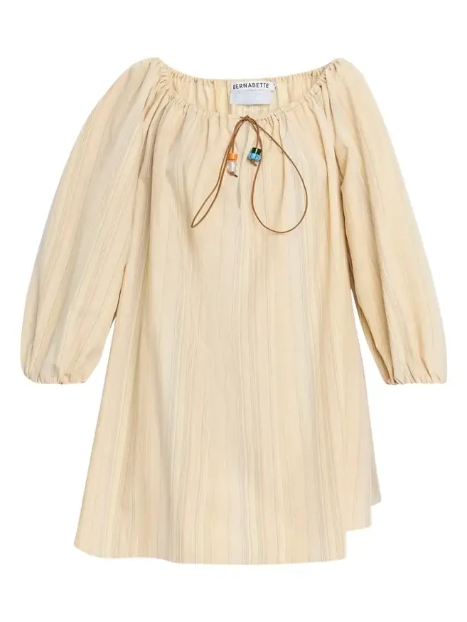 Tie-Neck Striped Cotton Long-Sleeve Mini Dress