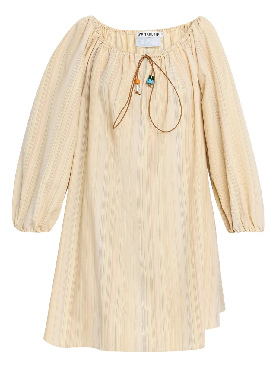 Tie-Neck Striped Cotton Long-Sleeve Mini Dress Tie-Neck Striped Cotton Long-Sleeve Mini Dress