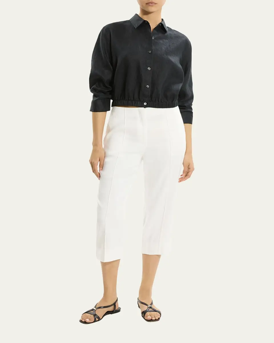 Theory Ruched-Sleeve Cropped Linen Shirt | Thumbnail 2 Theory Ruched-Sleeve Cropped Linen Shirt | Thumbnail 2