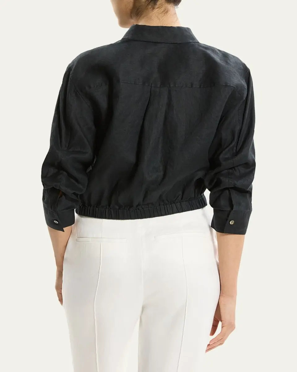Theory Ruched-Sleeve Cropped Linen Shirt | Thumbnail 3 Theory Ruched-Sleeve Cropped Linen Shirt | Thumbnail 3