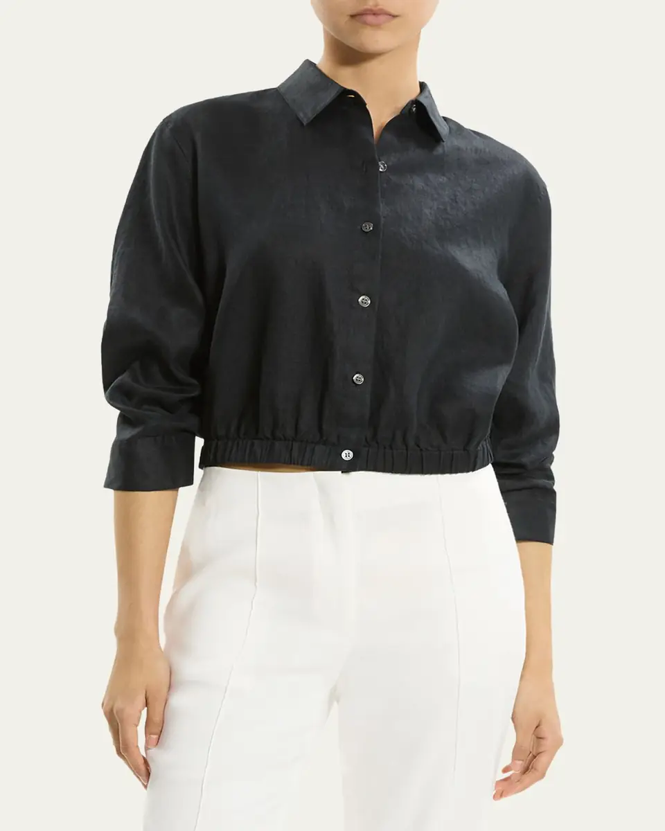 Theory Ruched-Sleeve Cropped Linen Shirt | Thumbnail 4 Theory Ruched-Sleeve Cropped Linen Shirt | Thumbnail 4