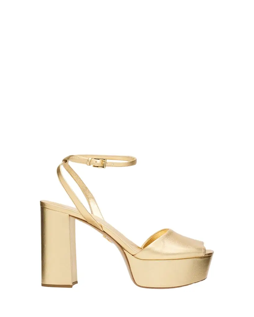 Prada 115mm Metallic Leather Platform Sandals | Image 1 Prada 115mm Metallic Leather Platform Sandals | Image 1