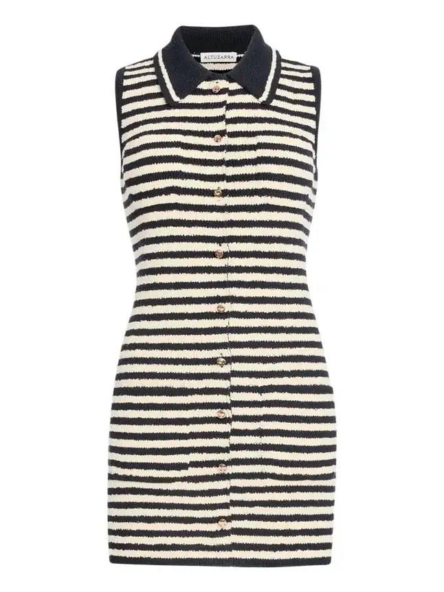 Mamie Striped Knit Button-Front Mini Polo Dress Mamie Striped Knit Button-Front Mini Polo Dress