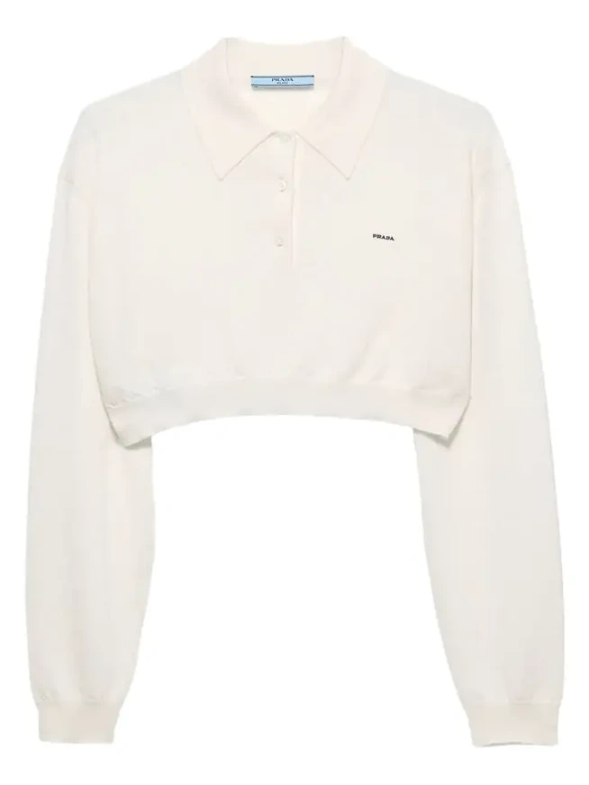 Cashmere Long-Sleeve Cropped Polo Sweater Cashmere Long-Sleeve Cropped Polo Sweater