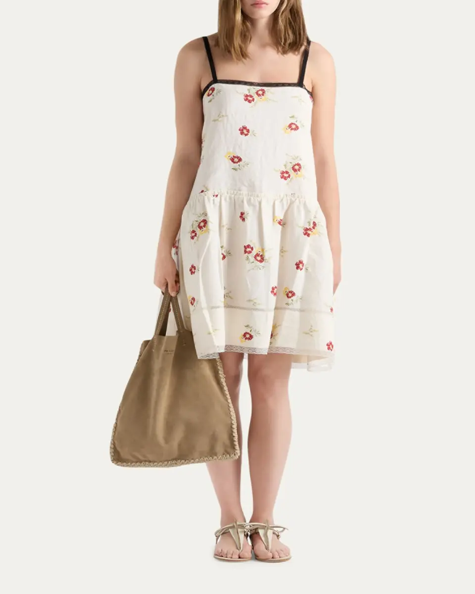 Prada Floral Embroidered Linen Mini Dress | Thumbnail 2 Prada Floral Embroidered Linen Mini Dress | Thumbnail 2