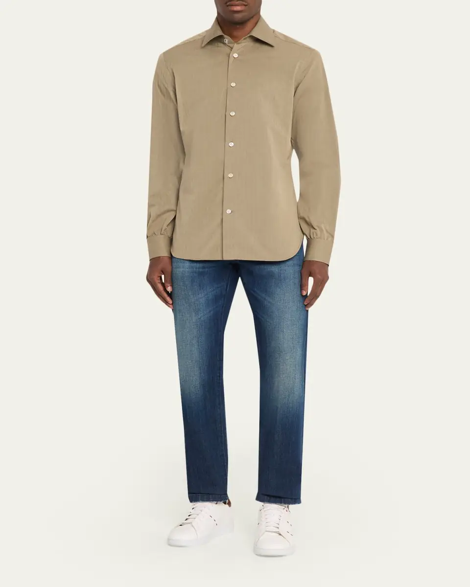 Kiton Men's Herringbone Cotton and Lyocell Sport Shirt | Thumbnail 2