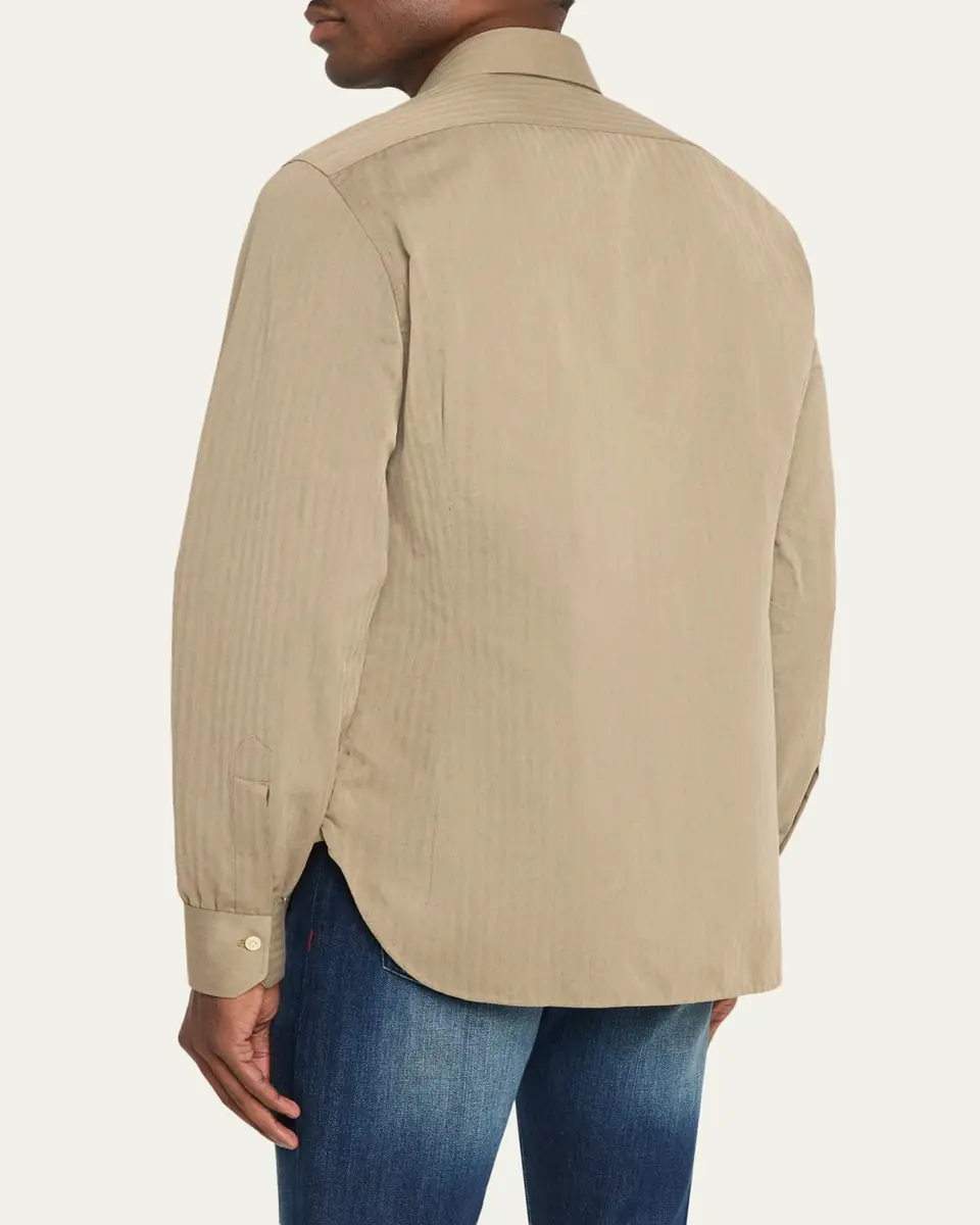 Kiton Men's Herringbone Cotton and Lyocell Sport Shirt | Thumbnail 3