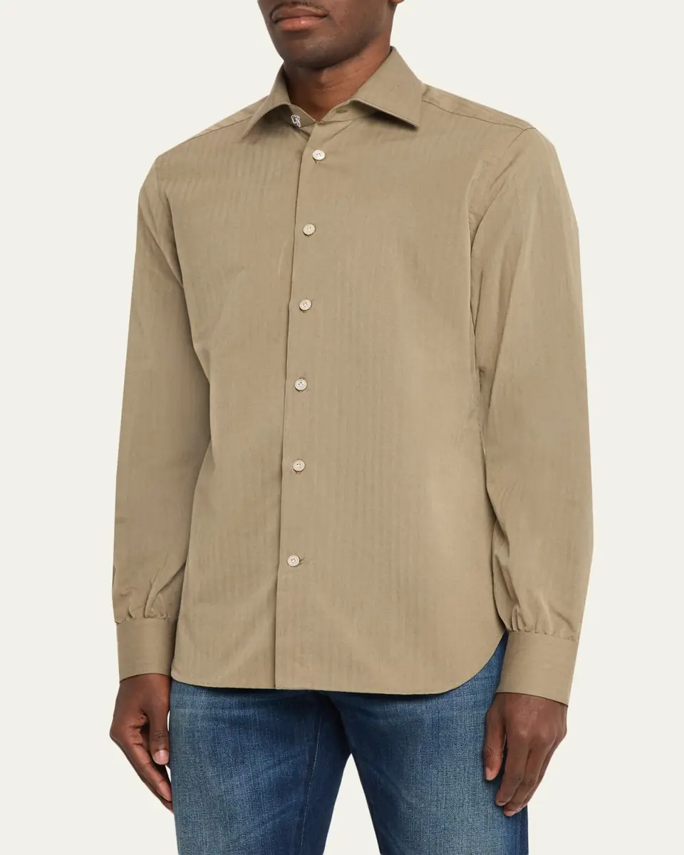 Kiton Men's Herringbone Cotton and Lyocell Sport Shirt | Thumbnail 4