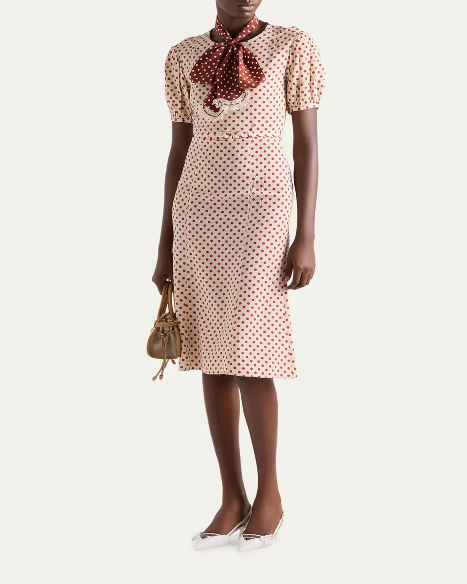 Prada Polka-Dot Silk Puff-Sleeve Midi Dress | Thumbnail 2
