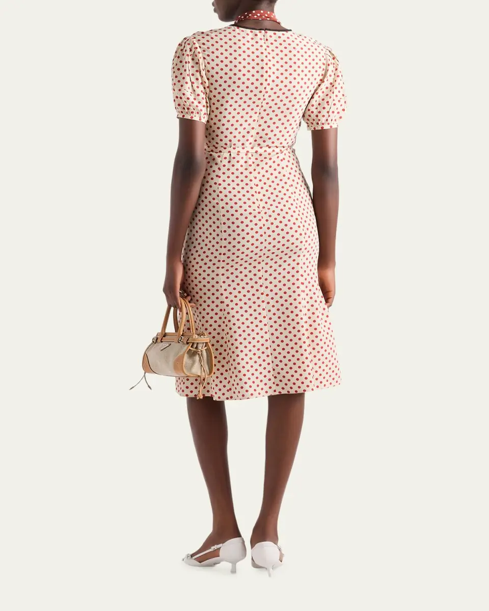 Prada Polka-Dot Silk Puff-Sleeve Midi Dress | Thumbnail 3