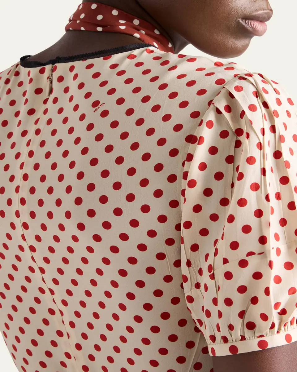Prada Polka-Dot Silk Puff-Sleeve Midi Dress | Thumbnail 5