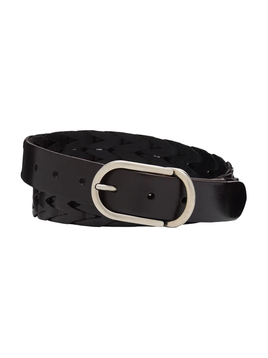 Men's Braided Smooth Calfskin Round-Buckle Belt Men's Braided Smooth Calfskin Round-Buckle Belt