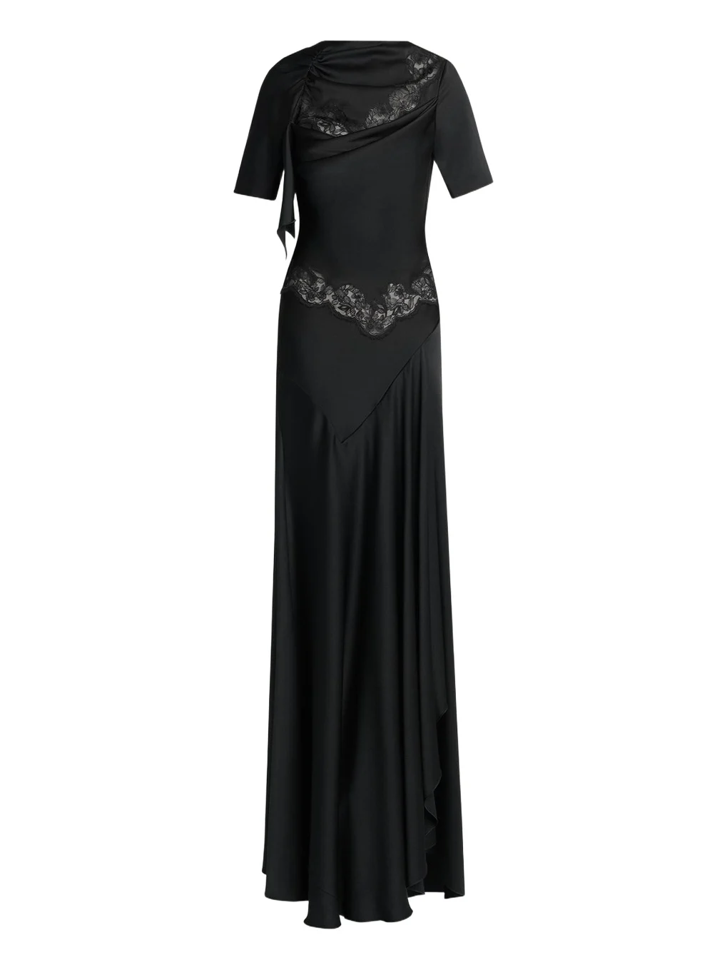 Lace-Inset Draped Satin Evening Dress