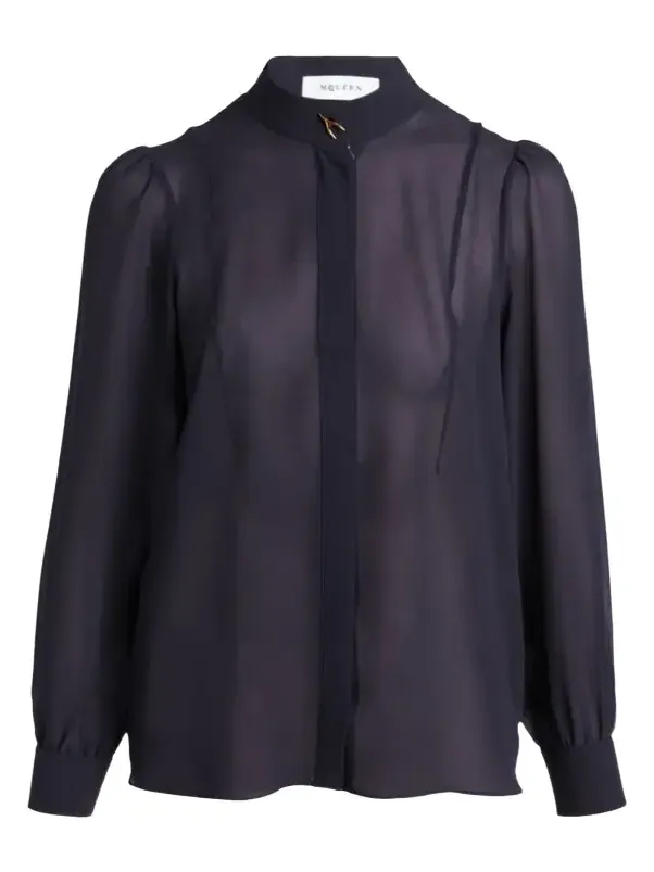Wishbone-Button Silk Chiffon Button-Down Blouse Wishbone-Button Silk Chiffon Button-Down Blouse