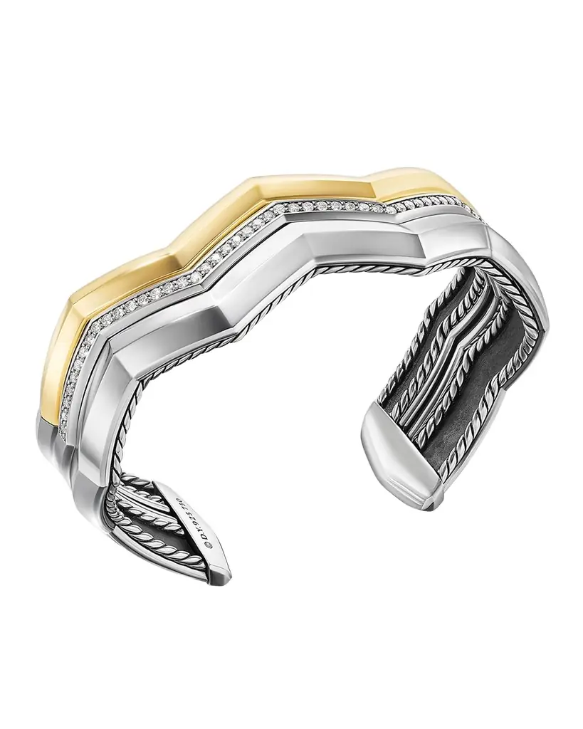David Yurman Zig Zag Stax Three Row Cuff Bracelet with Diamonds in 18K Gold and Silver, 17mm | Image 1 David Yurman Zig Zag Stax Three Row Cuff Bracelet with Diamonds in 18K Gold and Silver, 17mm | Image 1
