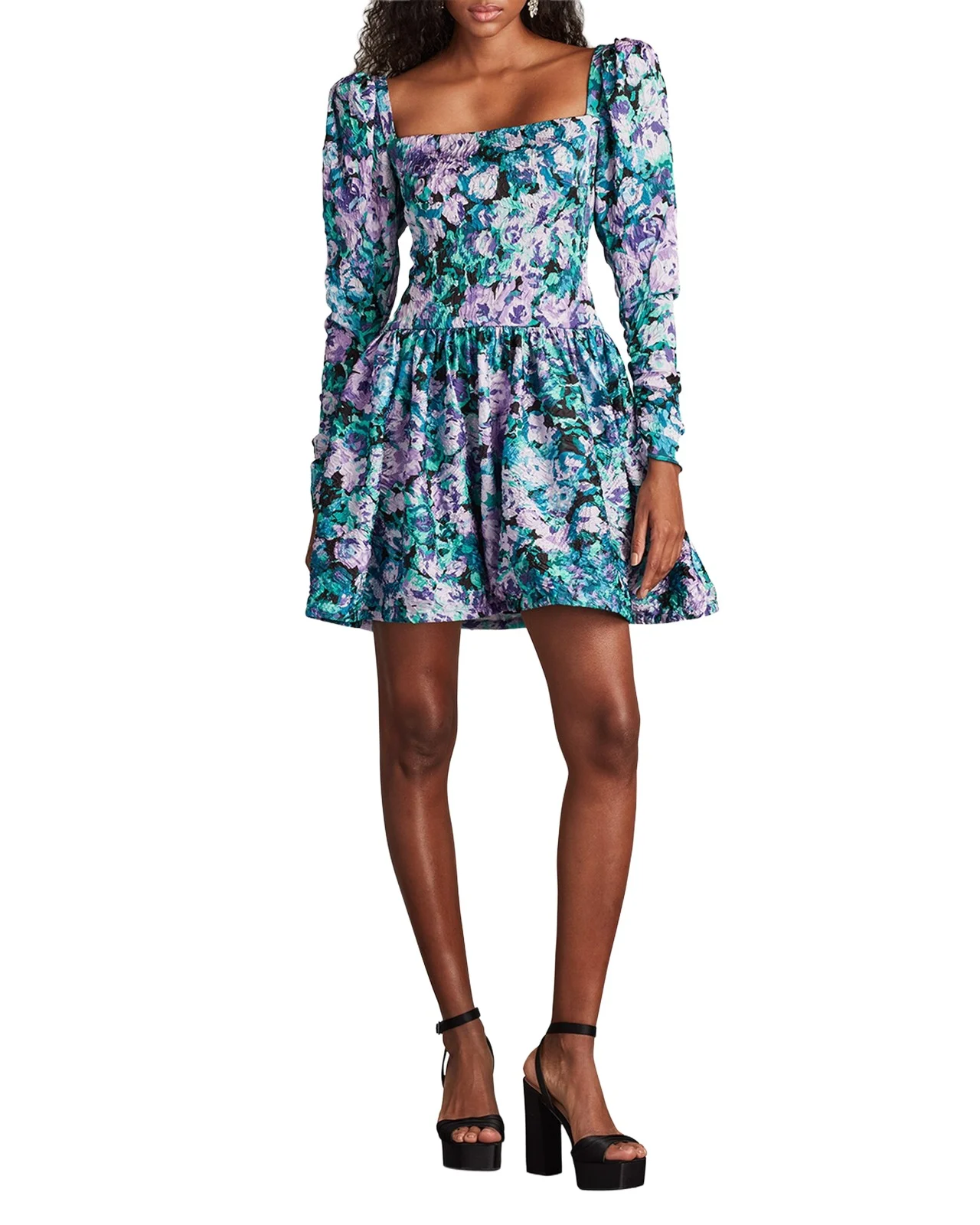 Crinkled Floral-Print Jacquard Mini Dress Crinkled Floral-Print Jacquard Mini Dress