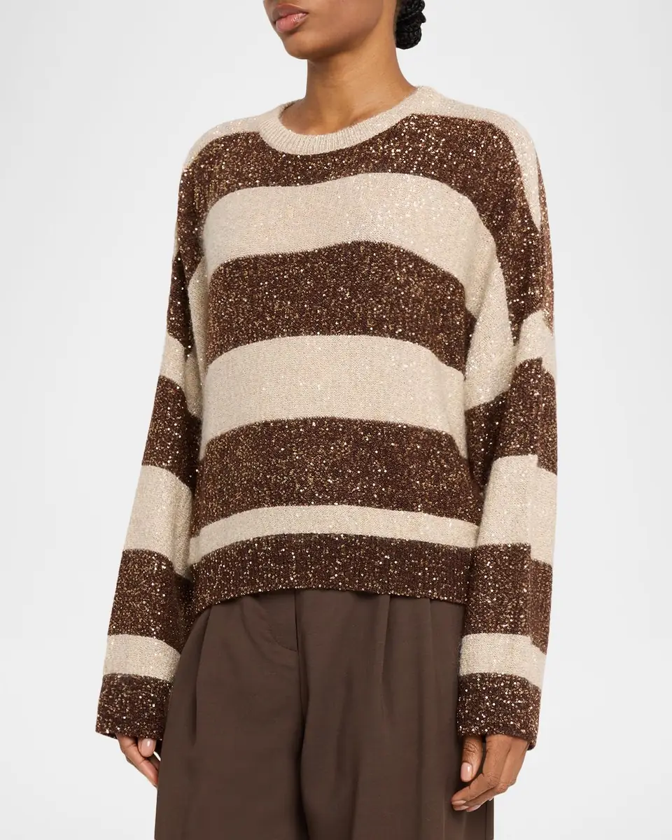 Brunello Cucinelli Micro Sequin Relaxed Striped Sweater | Thumbnail 3 Brunello Cucinelli Micro Sequin Relaxed Striped Sweater | Thumbnail 3