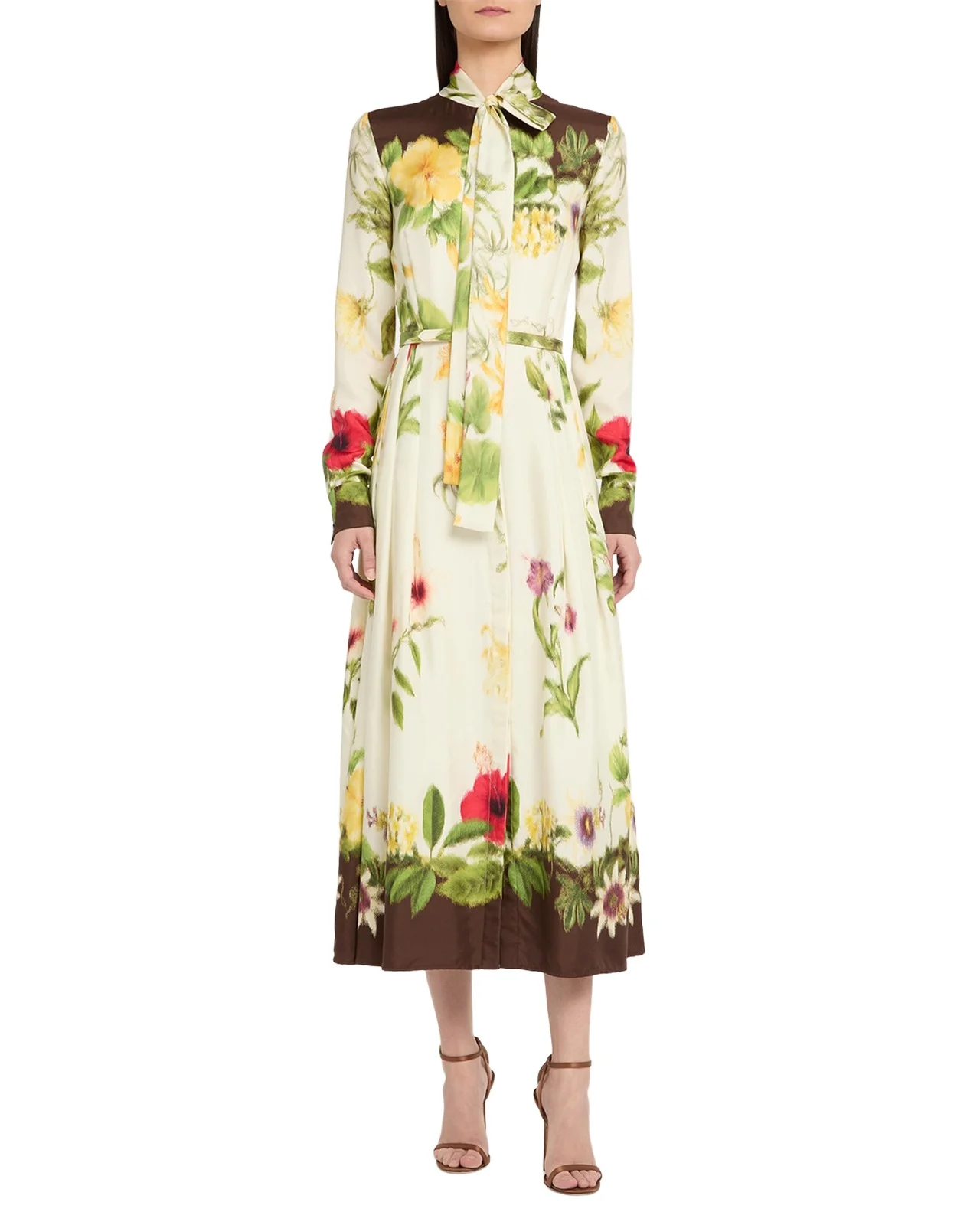 Hibiscus-Print Silk Neck-Scarf Midi Dress With Belt Hibiscus-Print Silk Neck-Scarf Midi Dress With Belt