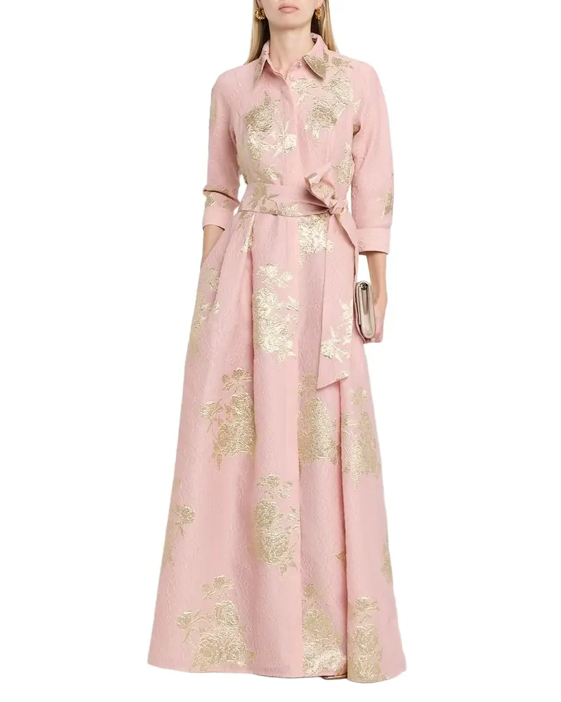 Rickie Freeman for Teri Jon Metallic Floral Jacquard Shirt Gown | Image 1 Rickie Freeman for Teri Jon Metallic Floral Jacquard Shirt Gown | Image 1