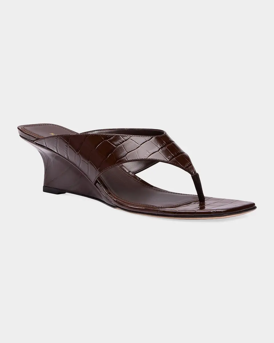Stuart Weitzman Vinnie 50mm Croc-Embossed Leather Wedge Thong Sandals | Thumbnail 2