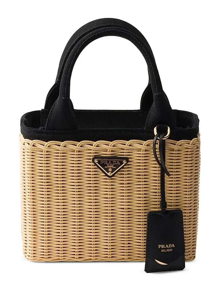 Women's Small Wicker and Canvas Top Handle Bag