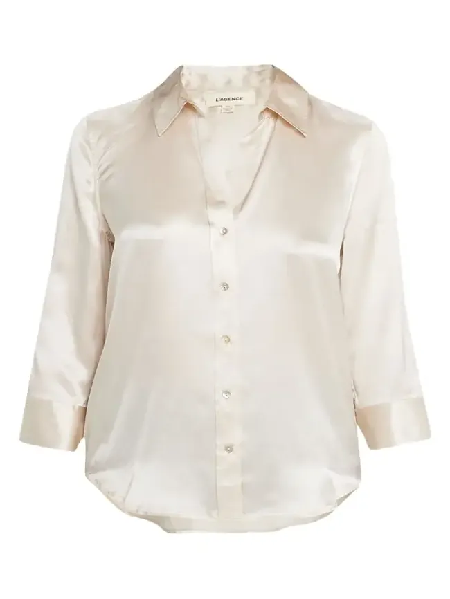 Dani Silk Satin 3/4-Sleeve Button-Down Blouse