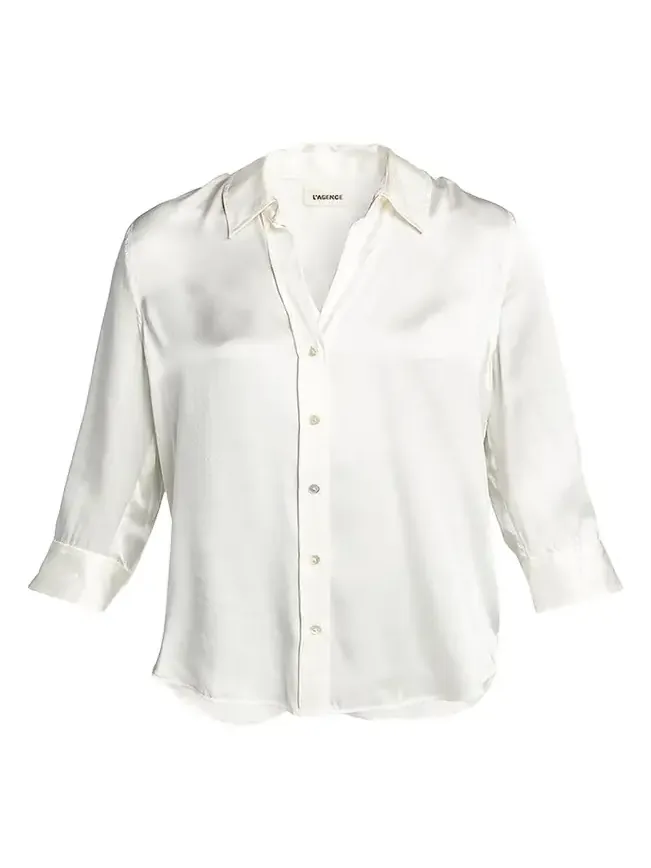 Dani Silk Satin 3/4-Sleeve Button-Down Blouse