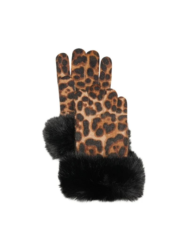 Leopard Print Cashmere Gloves w/ Faux Fur Cuffs Leopard Print Cashmere Gloves w/ Faux Fur Cuffs
